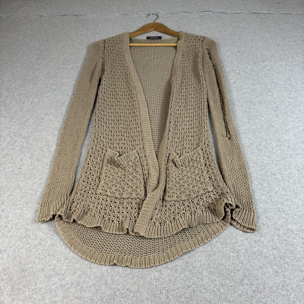 Wooden Ships Sweater Women S/M Beige Cardigan Open Knit Ruffle Hem Coastal Boho
